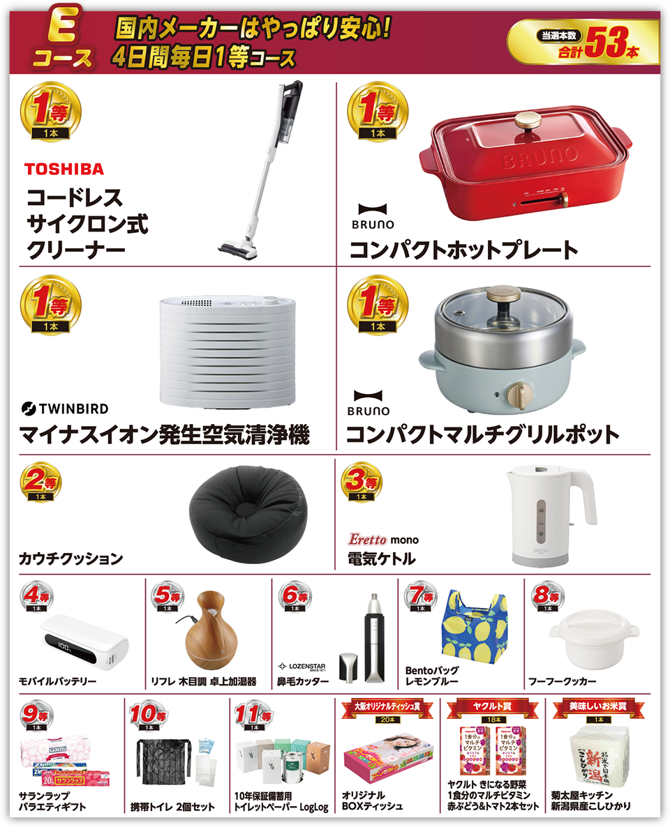 Eコース 国内メーカーはやっぱり安心！4日間毎日1等コース